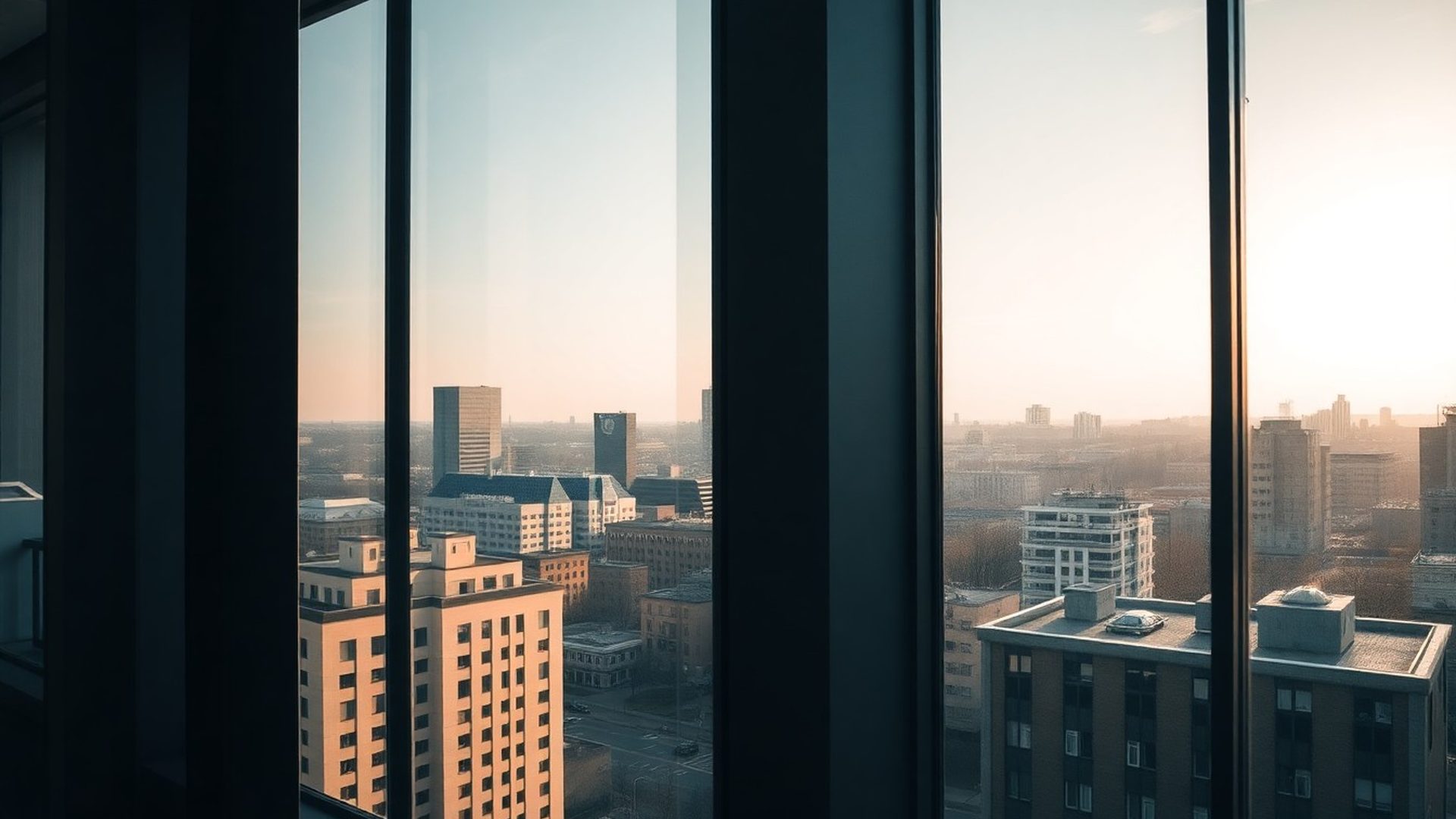 Panoramă a Timișoarei prin ferestrele unui birou de consultanță